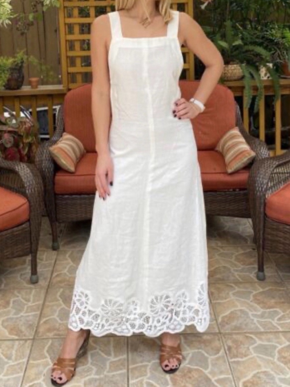 Zara White Linen Maxi Dress with Crochet Hem